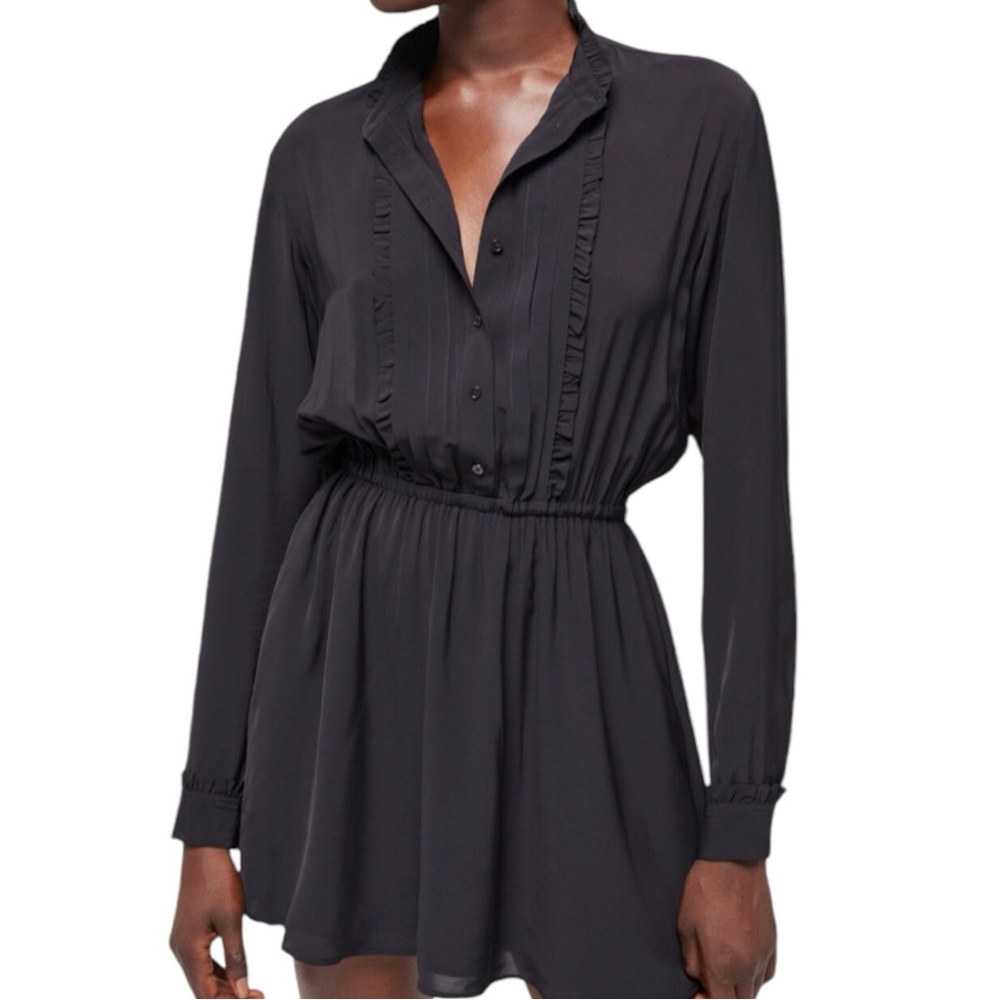 THE KOOPLES Classy Black Long Sleeve Mini Dress With Pockets And Pleated Bodice